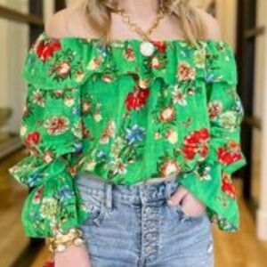 Bucket List Floral Blouse off shoulder floral puff sleeve green